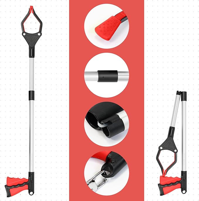 32 inch Foldable GrabRunner Reacher Grabber with Strong Magnetic Tip for Seniors, Disabled, After Surgery Recovery(Red)