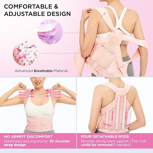 Posture Corrector for Women and Men: Adjustable Back Brace for Upper Back Support & Shoulder Neck Pain Relief - Lightweight Breathable Design (Pink Medium)