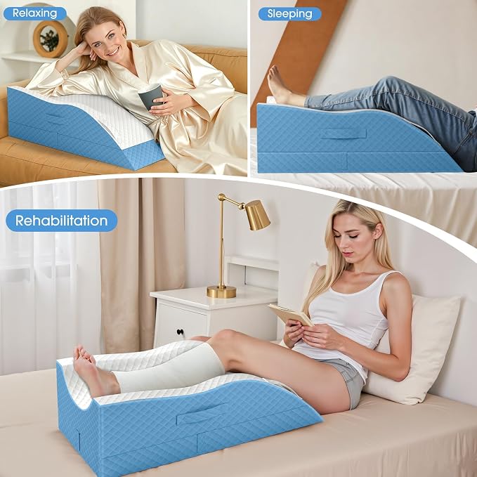TranquilRelax Elevation Pillows for Leg After Surgery, Memory Foam Adjustable Wedge Pillow for Injury or Rest, Ankle Pillow for Sleeping Blood Circulation, Light Blue/Double Leg