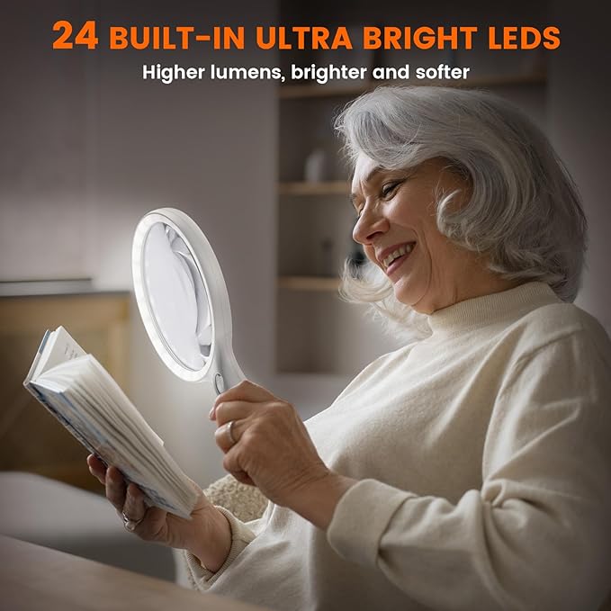 Magnifying Glass with Light Large 5" Lens, Handheld Illuminated Lighted Magnifier 24LED 1UV Light for Seniors, Reading, Coins, Jewelry, Close Work