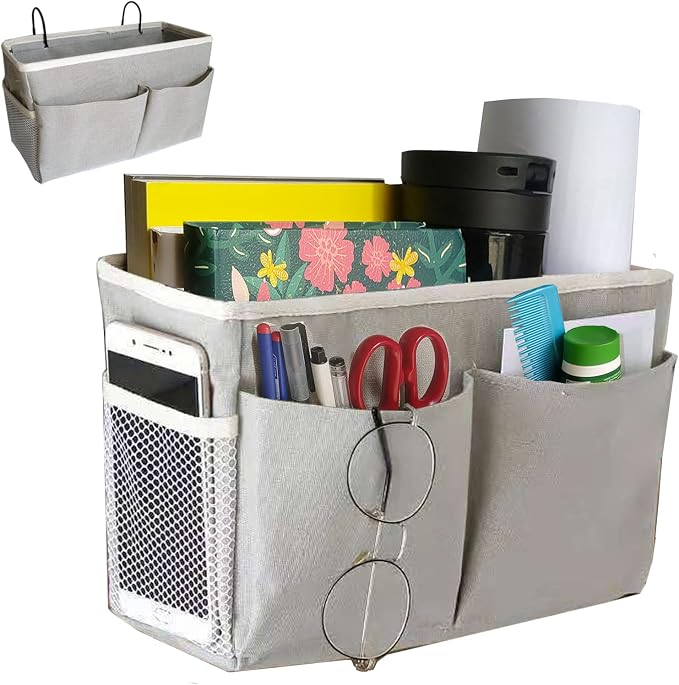 SMALL GOAL Bedside Caddy, Bedside Hanging Storage Organizer for College Dorm , Bunk and Hospital Beds, Can be Placed Books, Phones,Keys, Glasses，Magazine Holder (grey, 1)