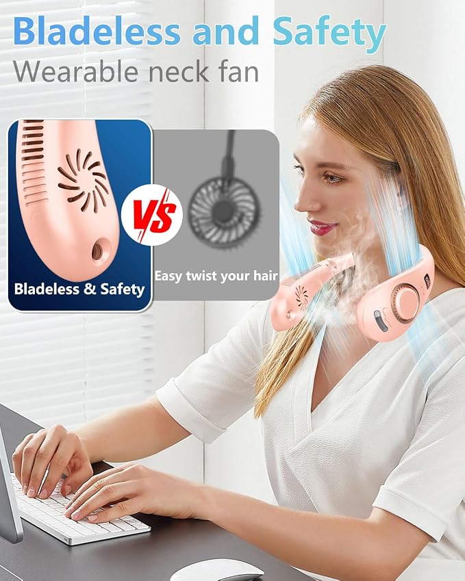 Misting Neck Fan,Personal Cooling Fans that Blow Cold Air Rechargeable,Collapsible Cordless Headphone Design Neck Fan Mister,Best Cold Small Noiseless Breeze Around the Neck Cooler Tool Pink