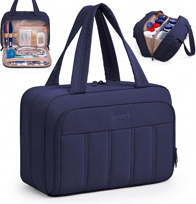 BAGSFY Travel Medicine Bag with 2 Separate Compartments, Wide-Opening Medication Organizer, Puffy Medical Storage Bag for Prescription Bottles, Pill Cases, Medical Supplies,Travel & Family Emergency