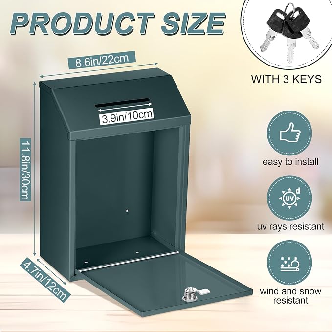 Yaocom Metal Money Box,Dark Green,11.81 x 8.58 x 4.72 Inch,No Lid | Wall Mounted Drop Donation Cash Box for Farm Stand Collection Safe Suggestion Box with Lock Container for Home Office Outdoor