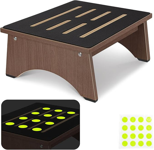 One Step Stool for Adults Seniors with Noctilucent Non-Slip Rubber Stepping Surface, 5.5" Portable Single Wooden Riser, 450 LBS Capacity for Bedroom Kitchen Bathroom, or Bedside, Senior Support -Brown