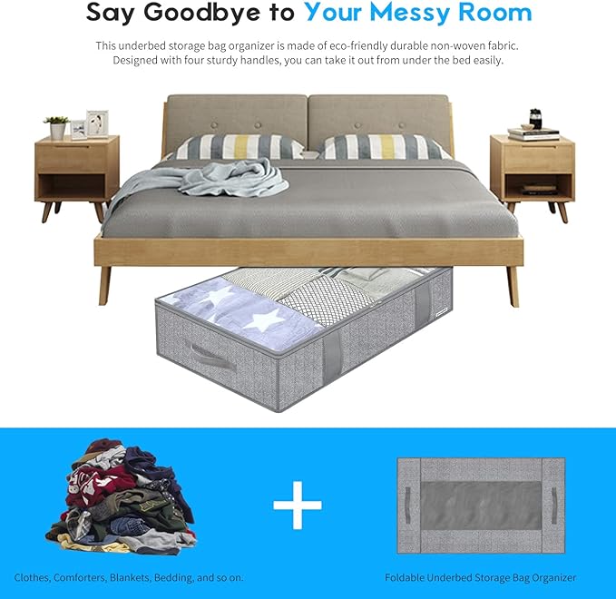 Onlyeasy Underbed Storage Bags Organizer, 4 Pack Large Capacity Under Bed Storage Containers with Reinforced Handles, Foldable Fabric Storage Bins with Clear Window, Herringbone Grey, 7MXRUBBP4