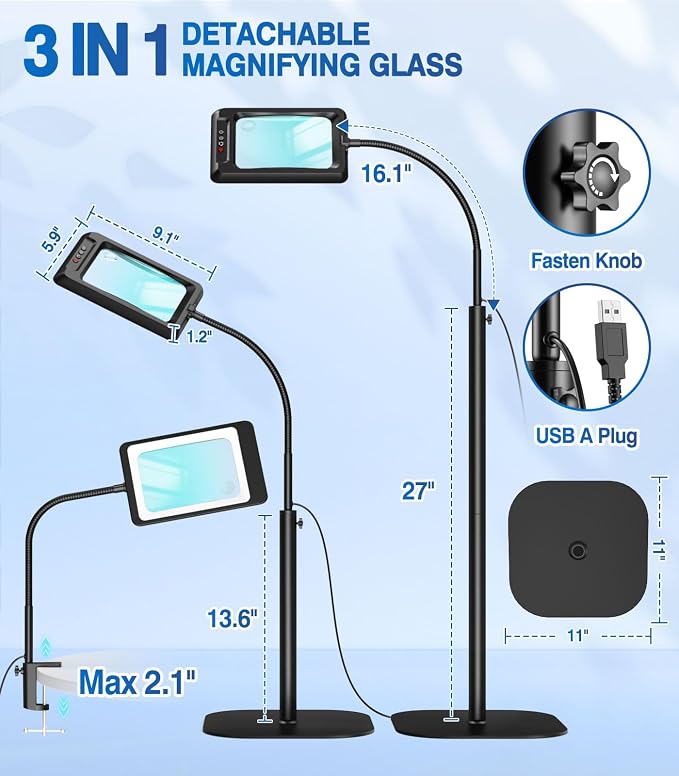 MoKo 10X Floor Magnifying Glass with Light and Stand, 7-Inch Lens | Floor magnifying lamp has a flexible gooseneck, 60 LEDs, 5 color modes and a 3-in-1 floor or desk design.