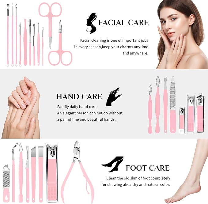MINKINH 26-Piece Manicure Set for Women, Pink At-Home Nail Care Kit | Carbon Steel Nail Clippers, 410 Stainless Steel Tools, PU Organizer Case for Pedicure, Cuticle, Facial and Daily Self-Care