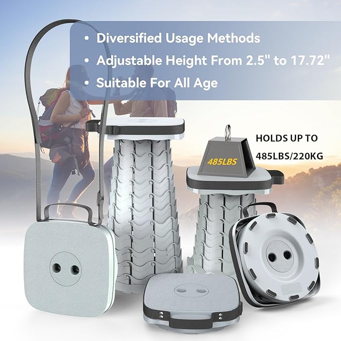 2026 Upgraded Collapsible Stool, Portable Folding Stool, Telescoping Camping Stool with Max Load Capacity 485lbs, Square Retractable Stool for Camping Gardening Fishing Hiking BBQ [Cyan]