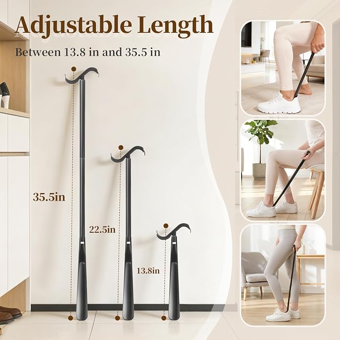 Fanwer Long Handle Shoe Horn for Seniors -33.5" Long Dressing Stick, Shoe Helper with Sock Remover Tool, Adjustable,Stable & Durable, Ideal for Disabled, Knee &Hip Replacement & Back Pain Sufferers.