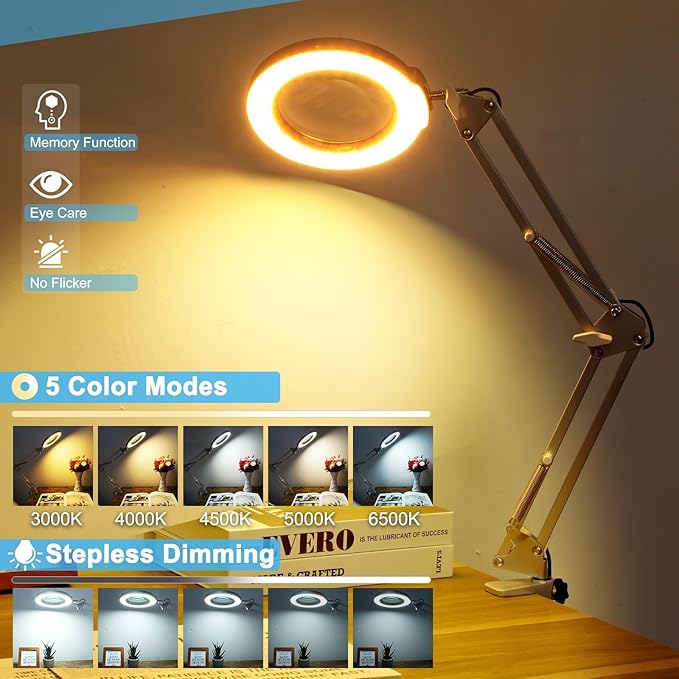 10X Magnifying Glass with Light and Clamp, Real Glass Stand Lighted Magnifier, 5 Color Modes Stepless Dimmable LED Desk Lamp Hands Free for Crafts Hobby Reading Painting Close Work - Silver