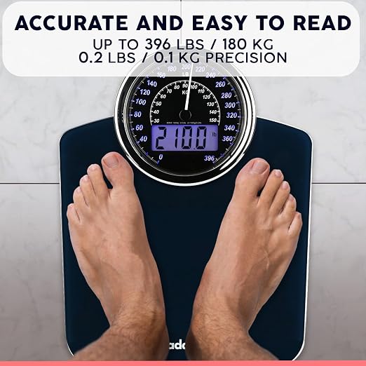 Hybrid Bathroom Scale - Analog & Digital Display, Accurate to 400 lbs | See weight on both an analog dial and digital LCD at once. Wide glass platform, accurate to 0.2 lbs, batteries included.