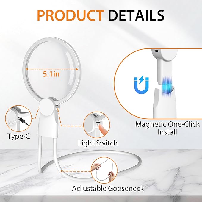 Hands-Free Magnifying Glass with Light, 5X Neck Magnifier for Close Work, Reading Small Print, Cross Stitch, Sewing & Crafts, Rechargeable Lighted Magnifier, Vision Aid for Seniors & Low Vision