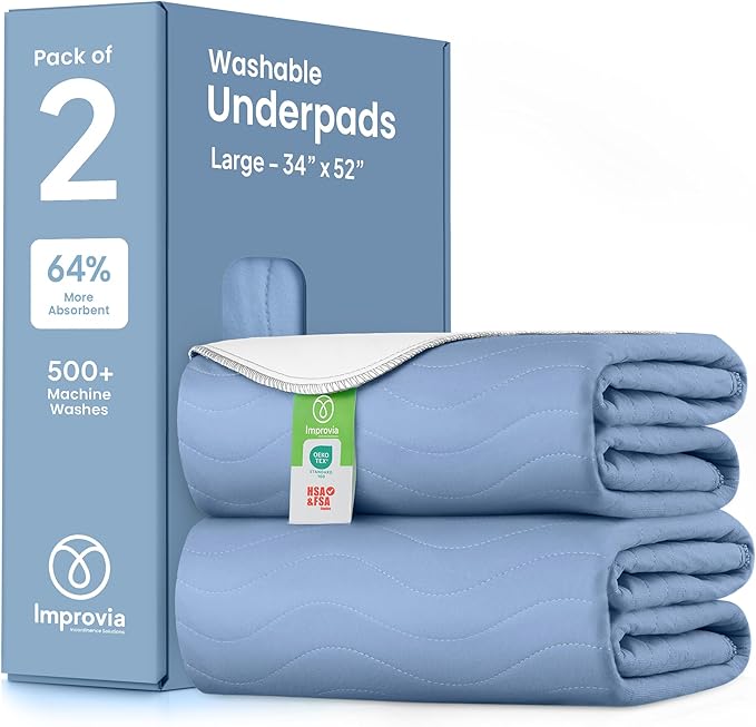 IMPROVIA® Washable Underpads, Heavy Absorbency Reusable Incontinence Pads for Kids, Adults, Elderly, and Pets, Waterproof Protection Floor (Blue and White, 34" x 52" - Pack of 2)