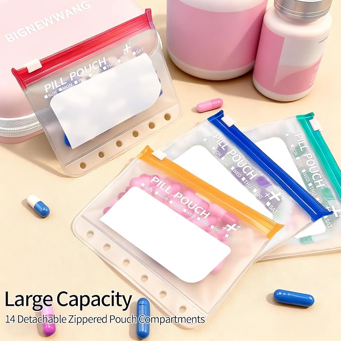 Extra Large Weekly Waterproof Pill Organizer Set, Reusable Pill Bags with 14 Coded AM PM Pouches for Home and Travel, 7 Day Portable Medicine Pill Case for Fish Oils, Vitamins (Pink)