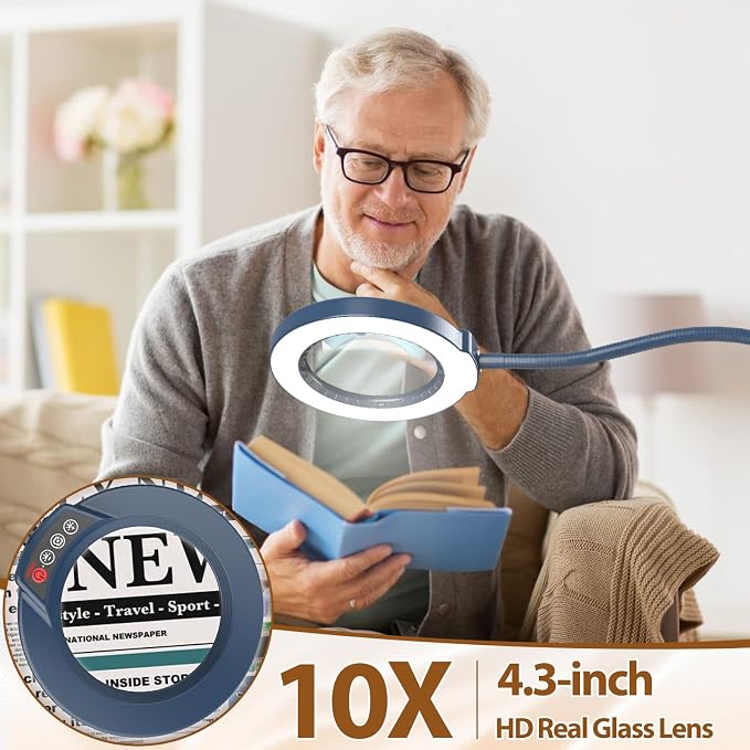10X Magnifying Glass with Light and Stand, 24" Flexible Gooseneck Magnifying Floor Lamp, 3-in-1 LED 5 Color Modes Stepless Dimmable Lighted Magnifier Hands Free for Close Work, Reading - Blue