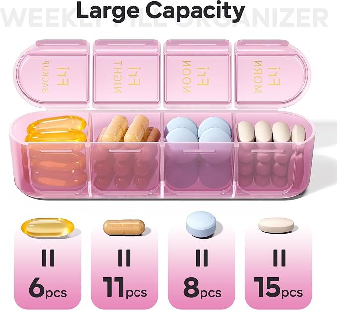 Daviky Pill Organizer 4 Times a Day - Pill Box 7 Day, Weekly Medicine Pill Organizer for Travel with Removable Containers, Pill Case to Hold Daily Vitamins, Supplements and Medication (Pink Purple)