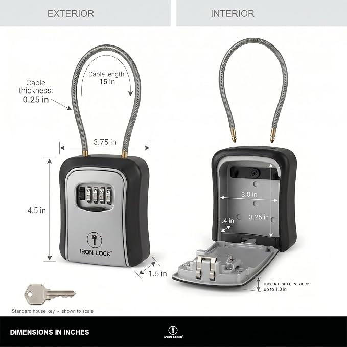 Iron Lock® Medium Key Lock Box with Code, 15-in Steel Cable Shackle (Grey) | Built-in key hooks + catch tray; hangs on handles, gates, fences or a hasp; wall-mountable; dial cover; no batteries