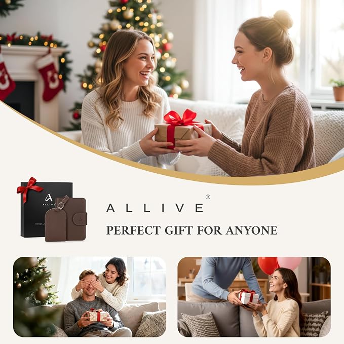 ALLIVE Genuine Leather Passport Holder for Travel with Hidden AirTag Pocket, RFID Blocking Passport Travel Wallet with Luggage Tag & Premium Gift Box, Holiday Gift for Women and Men (Coffee Brown)
