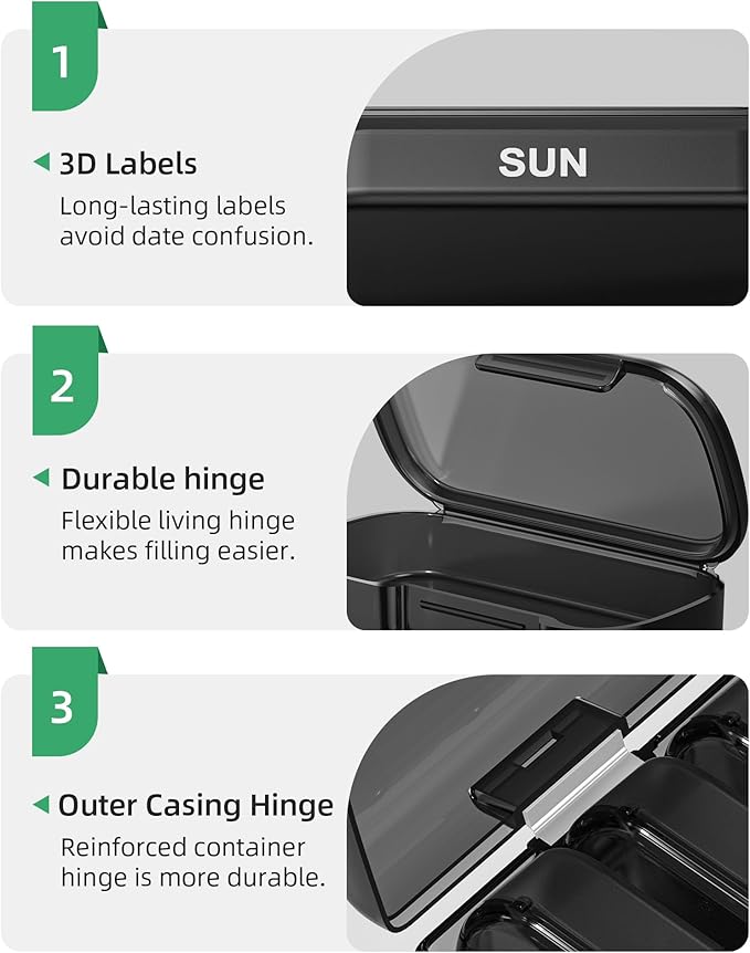 PULIV Weekly Pill Organizer with Large Capacity, Dual Protection Pill Box 7 Day, Arthritis Friendly Pill Case Easy to Open, Medicine Organizer for Vitamins, Medications, Fish Oils, Supplements (Black)