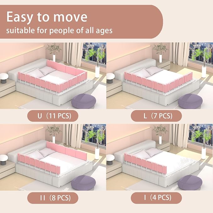 Bed Rail, Bed Bumper for Toddlers, Kid, 78.7 Inch Bed Side Rails Safety for Queen, King, Full, Twin, Bunk, Dorm Beds to Prevent Falls, Bed Barrier for Dogs, Easy Installation (Pink, 4 Packs)