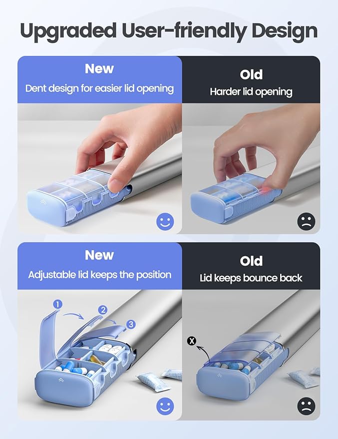 VAYDEER Metal Weekly Pill Organizer – Moisture-Proof Travel Pill Organizer with Built-in Desiccant Chamber and Airtight Lids – Large-Capacity Pill Box for Vitamins, Medicines & Supplements (Black)