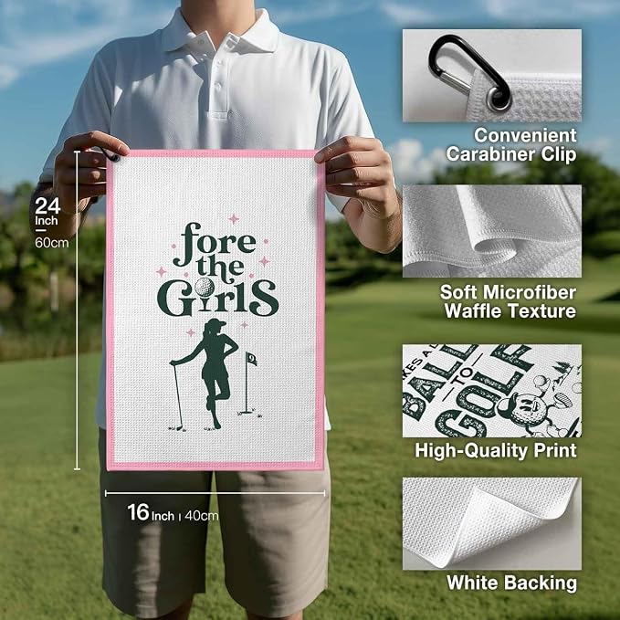 Ladies Golf Towel with Clip,Funny Golf Bag Accessories for Women,"Fore The Girls" 16x24inch Microfiber Waffle Weave Pink Golf Towel,Golf for Mom Grandma,Birthday Christmas Retirement Golfer Gifts