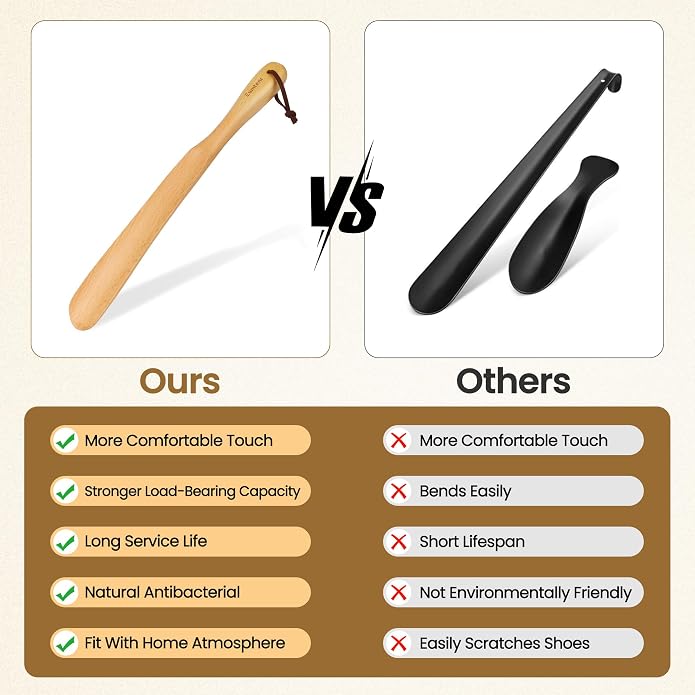 Shoe Horn for Seniors,15" Wooden Shoehorn for Men, Women, Kids, Pregnancy, with Wall Hooks - Beech Wood
