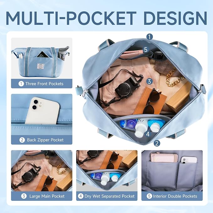WALNEW Travel Duffel Bag, Weekender Overnight Carry On Bag for Women Men, Foldable Waterproof Gym Luggage with Metal Buckle Detachable Shoulder Strap and Wet Compartment (Light Blue)