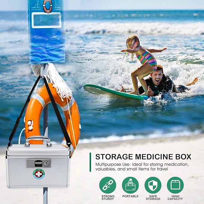 Medicine Lock Box with Key, 12.2" Aluminum First Aid Storage Case, Silver | Secure key lock box for medication. Features 1.25kg lightweight aluminum frame and 11.2" divided tray for home safety.