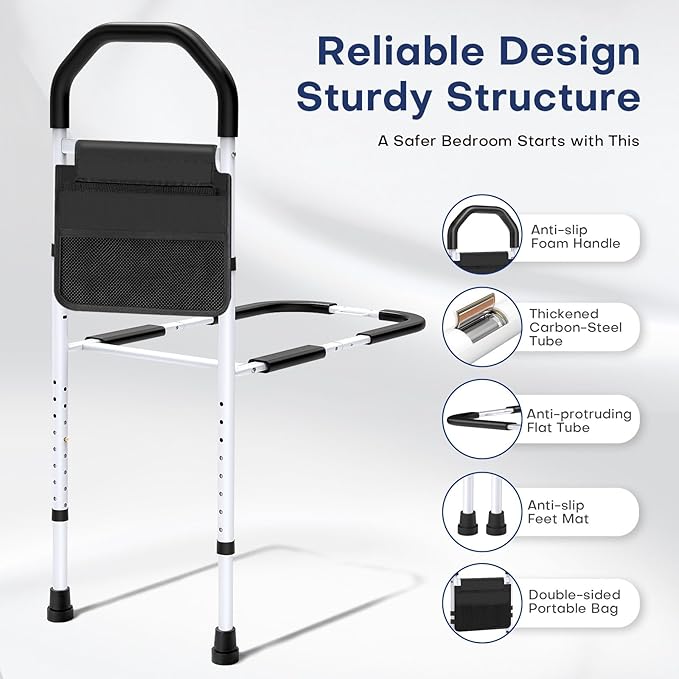 Bed Rails for Elderly Adults Safety - ASTM Approved Bed Side Rail for Seniors with Support Leg,Two-side Storage Bag, Non-Slip Bed Assist Cane Guard,Adjustable Bedrails for King,Queen,Full,Twins