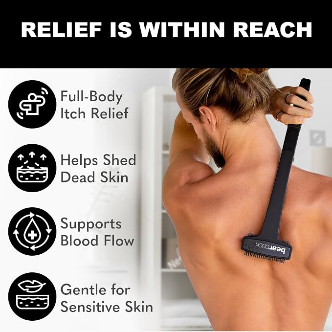 Back Scratcher for Men & Women - Long Reach Folding Handle, Skin-Safe Bristles - Extendable, Portable, Easy to Clean - Designed by a USA Small Business
