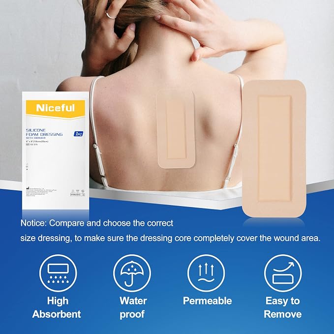 Silicone Foam Dressing 4"x8"(10 Count) | Large Bandages for Wound Care/Bed Sores/Post-Surgery