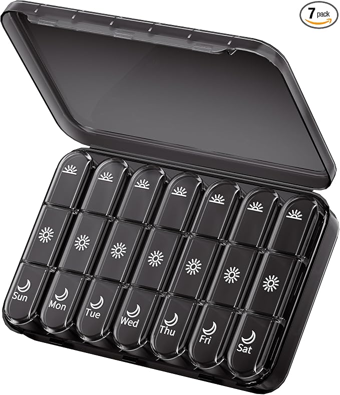Windtrace Pill Organizer 3X a Day - Midnight Black Portable Pill Case | Easy Carry, 3x Daily, Fade-Proof, Bold Labels, Arthritis-Friendly, One-Handed, Spill-Proof, Double-Layer, ABS Shell