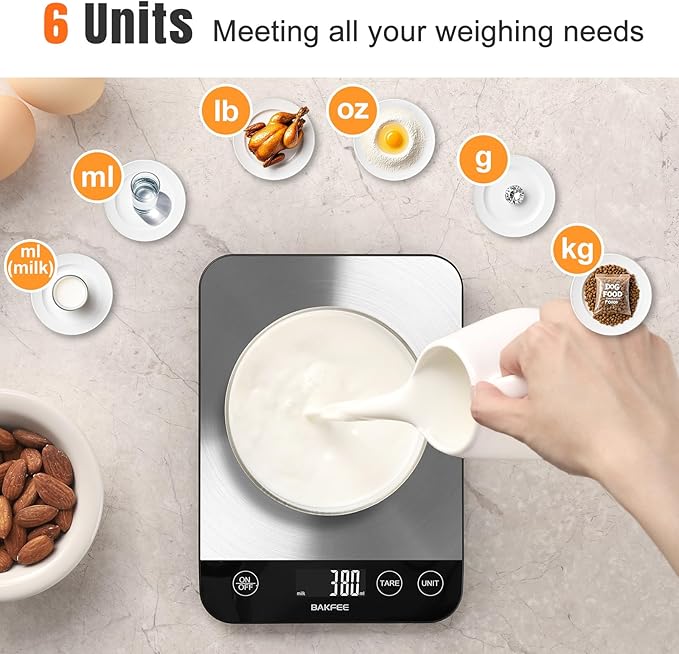 33lb Digital Kitchen Scale, Food Scale Rechargeable with Stainless Steel, Grams and Ounces, USB Charging, 1g High Accuracy for Baking, Cooking, Food BK806