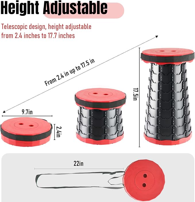Doseno Collapsible Stool 2 Pack, Portable Retractable Camping Seat, Red | Thickened PP design spans 2.4-17.5 in with 12 height positions and carry straps for fishing, hiking, BBQ, travel and events.
