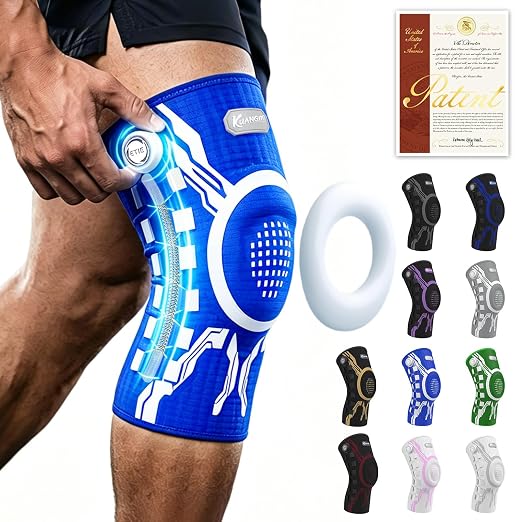 Kuangmi Knob Knee Brace for Pain Relief, Knee Support with Patella Gel Pad & Side Stabilizers, Compression Knee Sleeve for Workout, Arthritis, Joint Pain, Meniscus Tear (Blue White,Right,Large,Single)