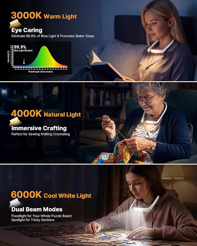 Reading Light with Storage Case, Dimmable Book Light for Reading | 3 Color, Eye-friendly, Ergonomic, 80H Rechargeable Neck Lamp for Reading in Bed, Knitting Crochet Tools Cross Stitch Supplies