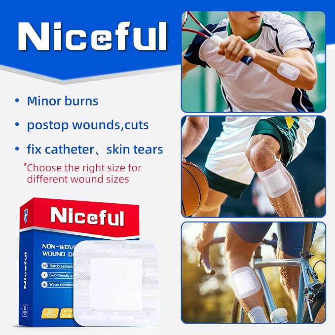 Niceful 50Pcs Adhesive Gauze Island Dressing 6"x6", Water-Resistant Wound Dressing, Sterile & Absorbent Medical Grade Dressing Pad First Aid Dressing Pads
