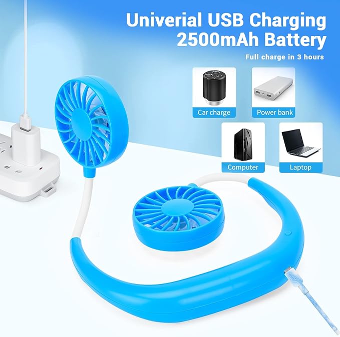 JUANANIUG Portable Neck Fan Rechargeable Personal HandFree Fan Mini USB Wearable Neckband Sport Fan 3 Speed Adjustable 360 Degrees Rotation Perfect for Working Traveling Office Reading (Blue)