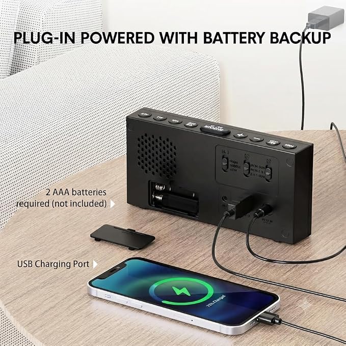 Mesqool Loud Alarm Clock with Bed Shaker & Dual Alarms, USB Port | Extra Loud Vibration Alarm Designed for Heavy Sleepers & Hearing Impaired. 5-level Dimmer, Battery Backup, Snooze & DST.