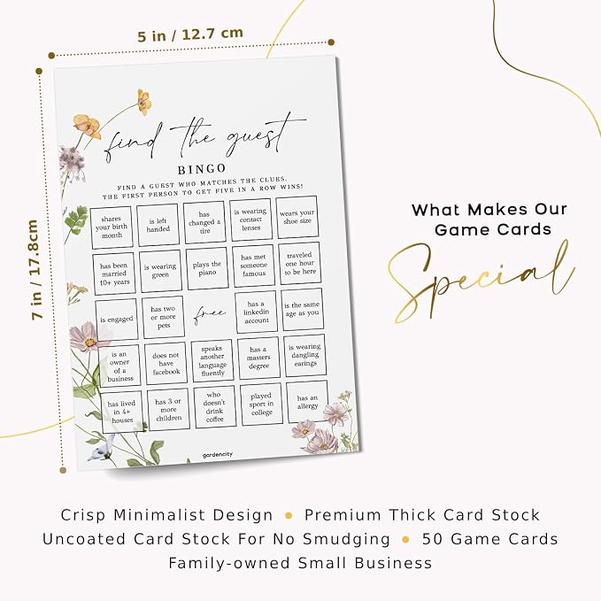 GardenCity Find The Guest Bingo Game Cards, Bridal Shower Games, Baby Shower Bingo, Wedding Game, 50 Cards - Wildflower