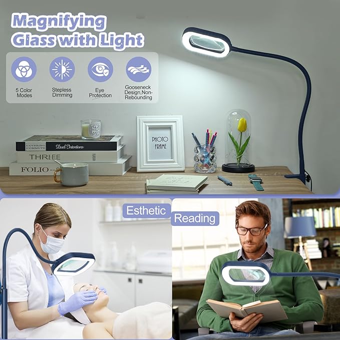 Drdefi 10X Rectangular Real Glass Magnifying Glass with Light and Stand, 24" Flexible Gooseneck Floor Lamp, 5 Color Modes Stepless Dimmable, 3-in-1 Lighted Magnifier Light Hands Free for Reading Blue