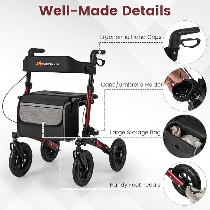 Goplus Walkers for Seniors with Seat, 2 in 1 Folding Rolling Rollator Walker with 9" Pneumatic Tires for All Terrain, Height Adjustment, Ergonomic Backrest, Aluminum Adult Mobility Walking Aid