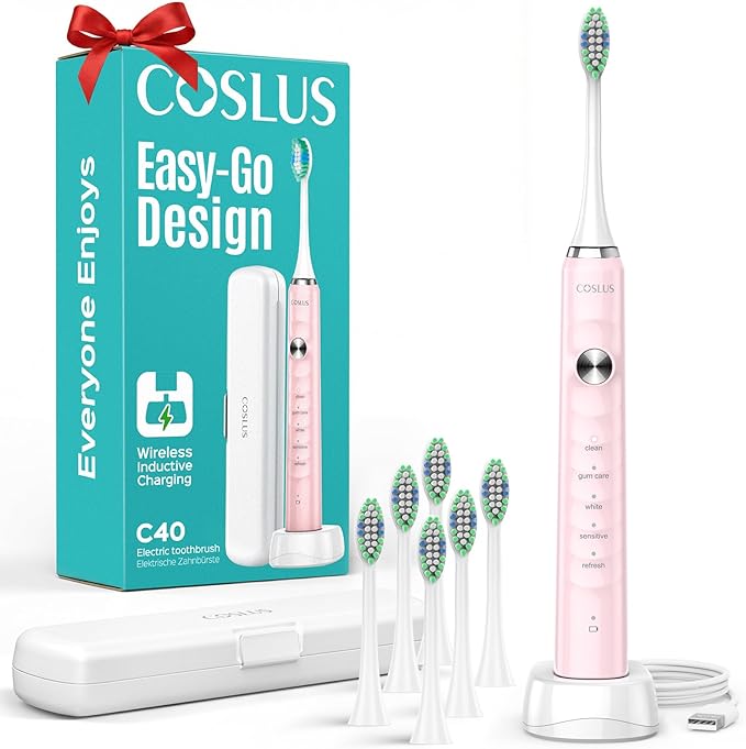COSLUS Sonic Electric Toothbrush for Kids & Adults: 47000 VPM for Deep Cleaning & Whitening with Travel Case - 5 Modes for Sensitive Teeth & Braces, Wireless Charging, 6 Brush Heads, Pink (1PC)