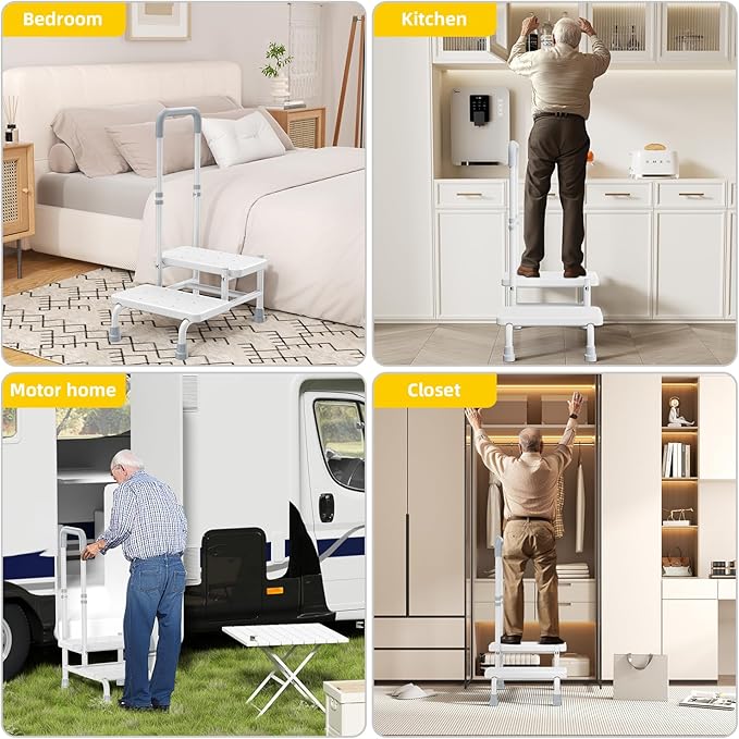 2 Step Stool with Handle Step Stool for Bed with Adjustable Handrail Bed Steps for High Beds for Adults, Seniors, Hold up to 400LBS (White)