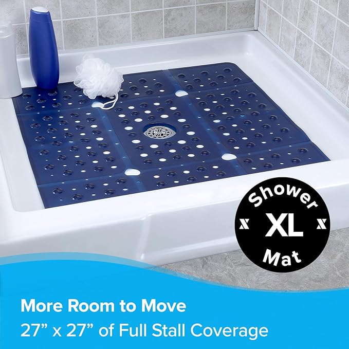 SlipX Solutions 27" Oversize Square Shower Mat, Non-Slip Mat for Elderly & Kids, 100+ Power Grip Suction Cups for Smooth Surfaces, Machine Washable, Navy