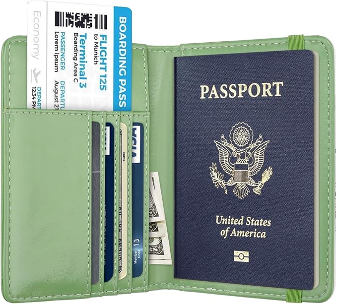 Passport Holder Cover Travel RFID Blocking Passport Cover Cute Flowers Passport Wallet with Elastic Band for Women, Green Plants