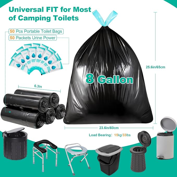 Lemon 50 Portable Toilet Bags with 50 Poo Gel Set, 8 Gallon Capacity | Camping Toilet Bags with Absorbent Gels Waste Bags, Portable Trash Bag for Camping Potty Rvs Travel