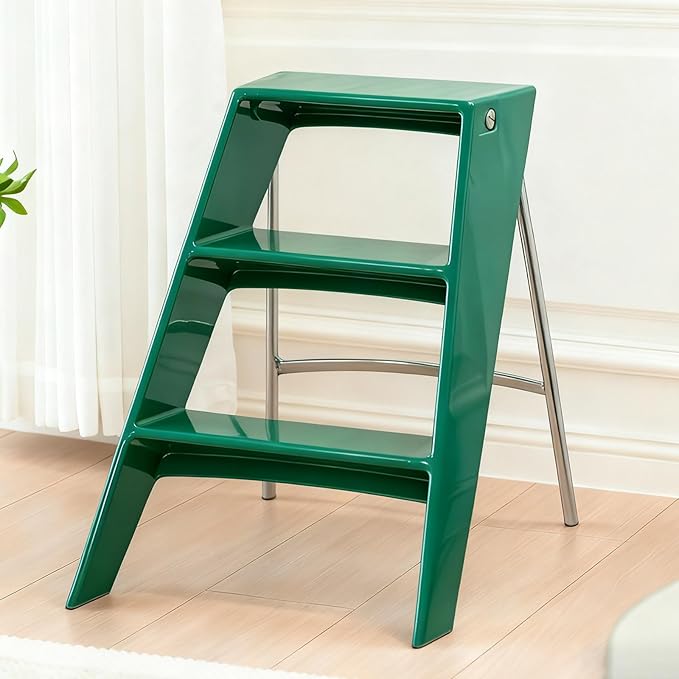 Acrylic 3 Step Ladder Folding Step Stool for Adults Foldable Small Step Stool Ladder for Kitchen Plastic Stepladder Modern Collapsible Ladder for Closet Home Bathroom Indoor (Green)